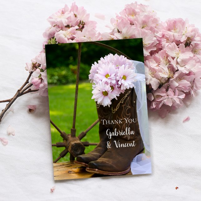 Rustiska Rosa Daisy CowboyBoots Bröllop Tack Anteckningskort (Skapare uppladdad)