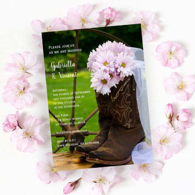 Rustiska Rosa Daisy CowboyBoots Westerna Bröllop Inbjudningar (Skapare uppladdad)