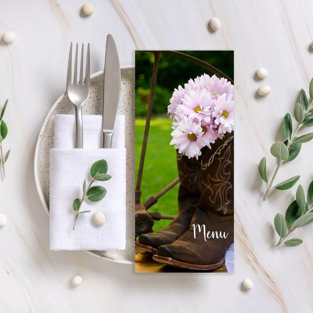 Rustiska Rosa Daisy CowboyBoots Westerna Bröllop Meny (Skapare uppladdad)