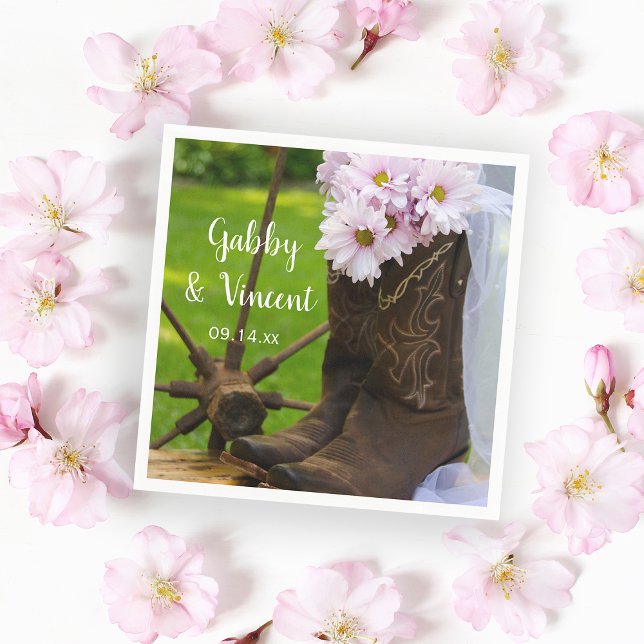 Rustiska Rosa Daisy CowboyBoots Westerna Bröllop Pappersservett (Skapare uppladdad)