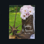 Rustiska Rosa Daisy och Cowboy Boots Bröllop Fleecefilt<br><div class="desc">Anpassa de charmerande Daisyn Rustic Rosa och CowboyBoots Landsbyggsbröllop Fleece Blanket med namn på ceremonin för bruden och brudgummen och giftermål. Den här mjuka filten i bröllop har en blommigt foto av ett par bruna cowboystövlar fyllda med en bukett av rosa daisy blommor blommar och vit möhippa med rostigt vagnhjul...</div>