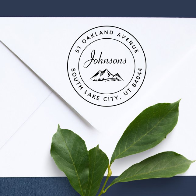 Rustiska runda bergen Inspired Returadress Självfärgande Stämpel (Rustic Round Mountains Inspired Return Address Self-inking Stamp)