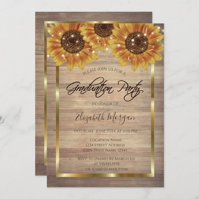 Rustiska solblommor, Ljus, Studentfest av trä Inbjudningar (Fram/baksida)