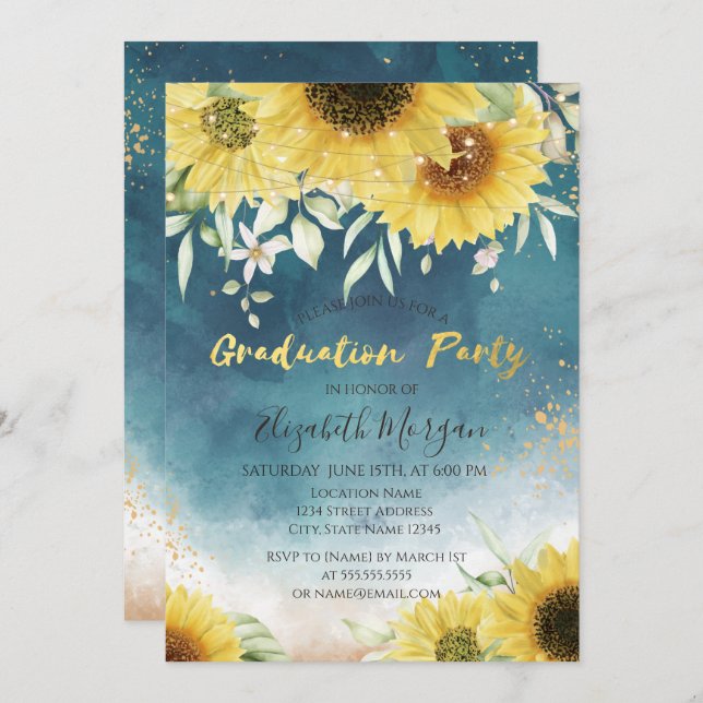 Rustiska solblommor, Löv Ljus Studenten Inbjudningar (Fram/baksida)