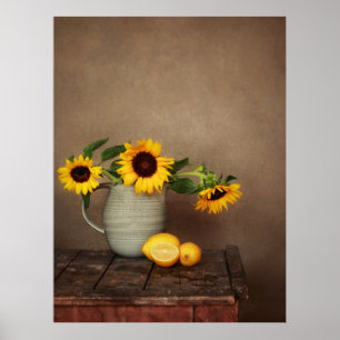 Rustiska solblommor och citroner poster