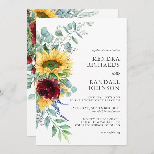 Rustiska solblommor och Ro Blommigt Bröllop Inbjudningar (Fram/baksida)