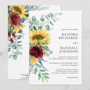 Rustiska solblommor och Ro Blommigt Bröllop Inbjudningar