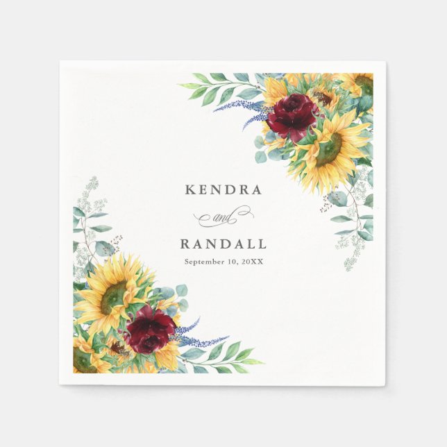 Rustiska solblommor och Ro Blommigt Bröllop Pappersservett (Framsidan)