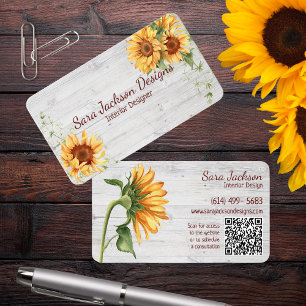 Rustiska solblommor på trä med QR-kod Visitkort
