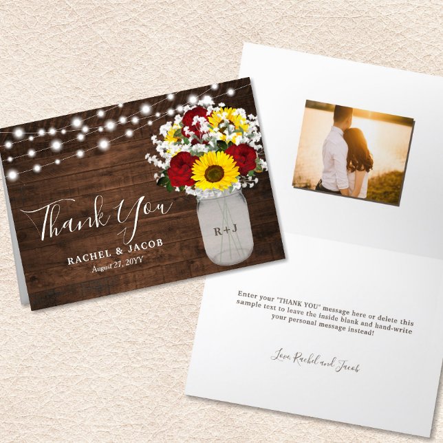 Rustiska solblommor Ro Burk Ljus Foto Bröllop Tack Kort (Rustic Sunflowers Roses Jar Lights Photo Wedding Thank You Card)