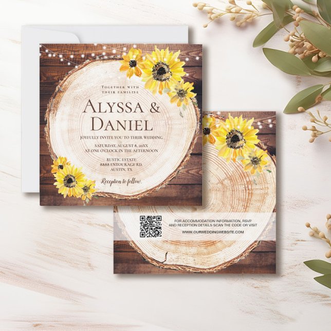 Rustiska solblommor String ljus Wood cut Bröllop Inbjudningar (String of lights, watercolor sunflower, wood cut slice rustic wedding invitation.
)
