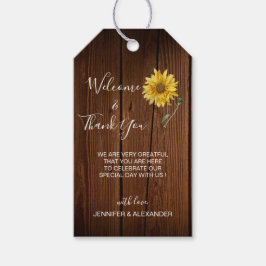 Rustiska solrosor på trä bröllop Välkomstpåse Presentetikett