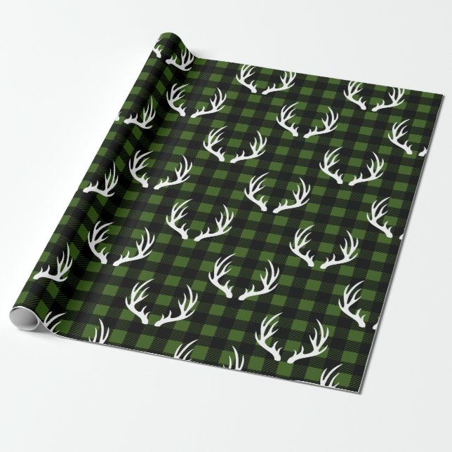 Rustiska svarta Buffalo Plaid White Hjorts Antlers Presentpapper (Utrullad)