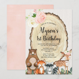 Rustiska trädjur flickor 1:a födelsedag party inbjudningar