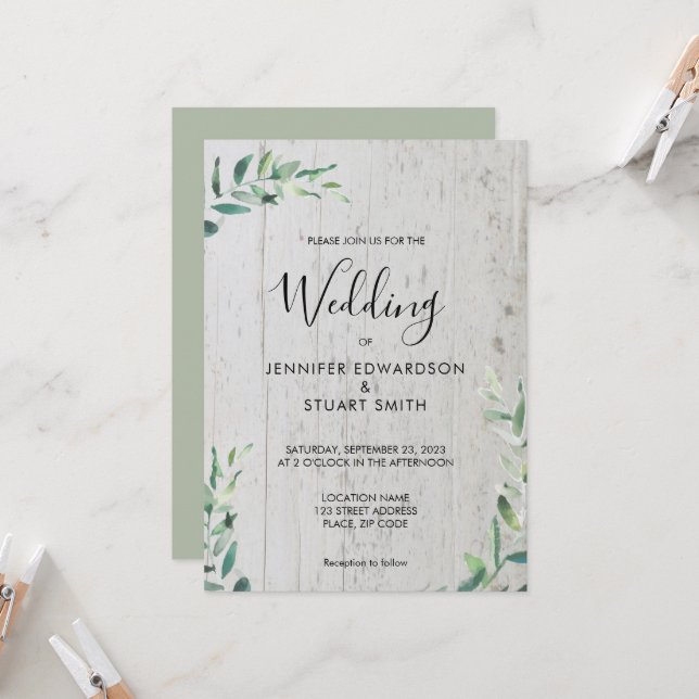 Rustiska träets botaniska vattenfärg löv bröllop inbjudningar (Fram/Back In Situ)