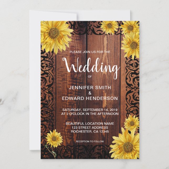 Rustiska träfärgade solblommor vintage bröllop inbjudningar (Framsida)