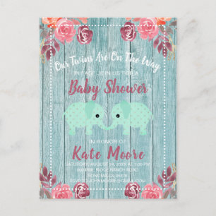 Rustiska Twillingar Baby Elephants Baby Shower Blu Vykort
