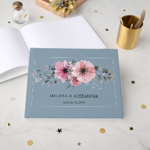 Rustiska vattenfärgade blommor, dammig blå Bröllop Gästböcker