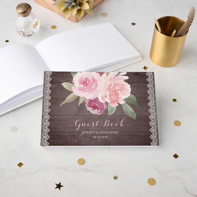 Rustiska vattenfärgen blommigt snöre bröllop gäst  gästböcker (Framsida öppen)