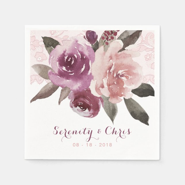 Rustiska vattenfärgen blommigt vintage snöre bröll pappersservett (Framsidan)