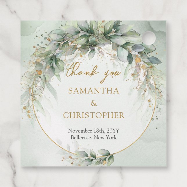 Rustiska vattenfärgen eucalyptus greenery guld gåvor etiketter (Baksida)