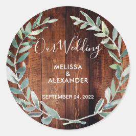 Rustiska vattenfärger löv lä bröllop runt klistermärke