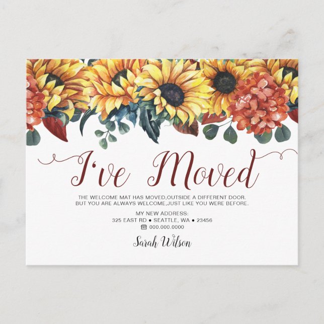 Rustiska vattenfärger Sunblommor jag har Flyttat F Meddelande Vykort (Framsida)
