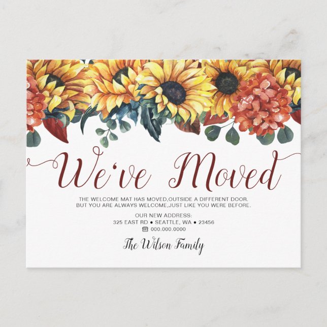 Rustiska vattenfärger Sunblommor vi har Flyttat Fl Meddelande Vykort (Framsida)