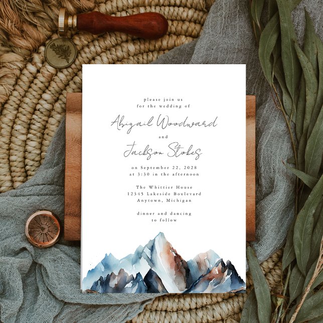 Rustiska vattenfärgsberg Blue Grått Rust Bröllop Inbjudningar (The perfect invitation choice for a rustic mountain wedding.)