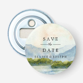 Rustiska vattenfärgsberg Sjö sparar datumet Flasköppnare