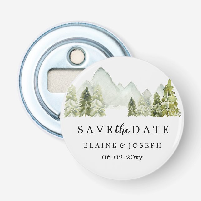 Rustiska vattenfärgsberg Sjö sparar datumet Flasköppnare (Framsidan)