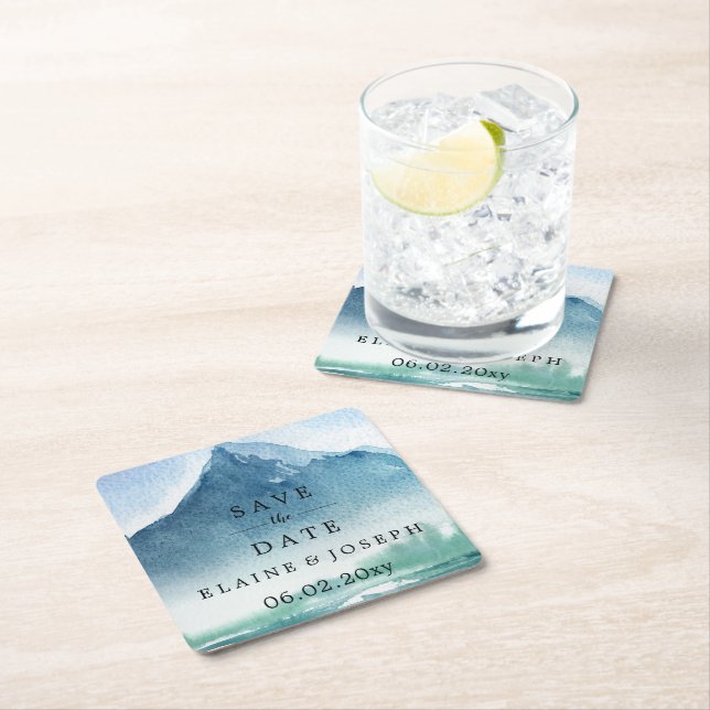 Rustiska vattenfärgsberg Sjö sparar datumet Underlägg Papper Kvadrat (Insitu)