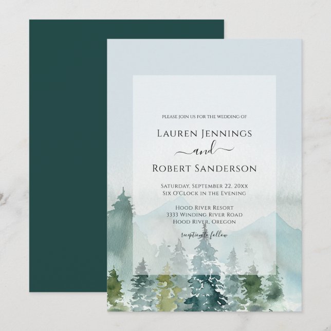 Rustiska vattenfärgsberget Gräs Träd Bröllop Inbjudningar (Fram/baksida)