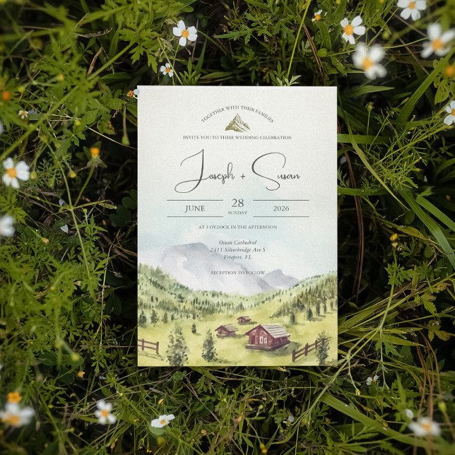 Rustiska vattenfärgsberget Skogen Gräs Träd Bröllo Inbjudningar (Skapare uppladdad)