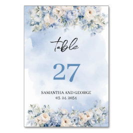 Rustiska vattenfärgsblå vattensköda vit ros bordsnummer