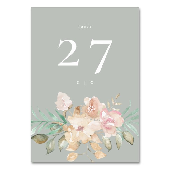 Rustiska vattenfärgsBlommigtar på Sage Grönt Bröll Bordsnummer (Framsidan)