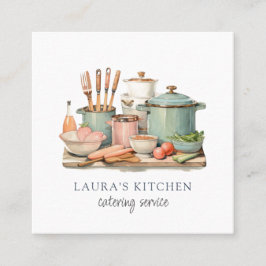 Rustiska vattenfärgsportar - matköksartiklar fyrkantigt visitkort