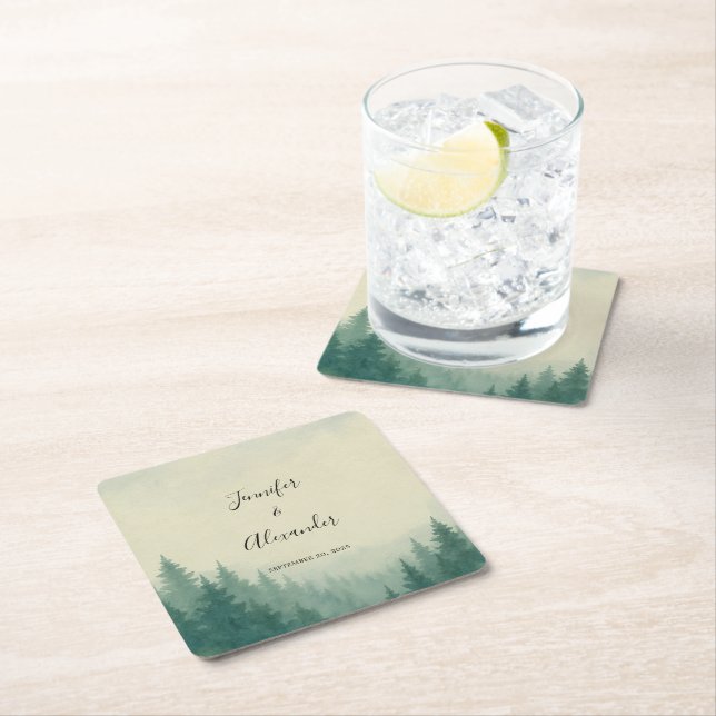 Rustiska vattenfärgsskogen gräs träd bröllop underlägg papper kvadrat (Insitu)