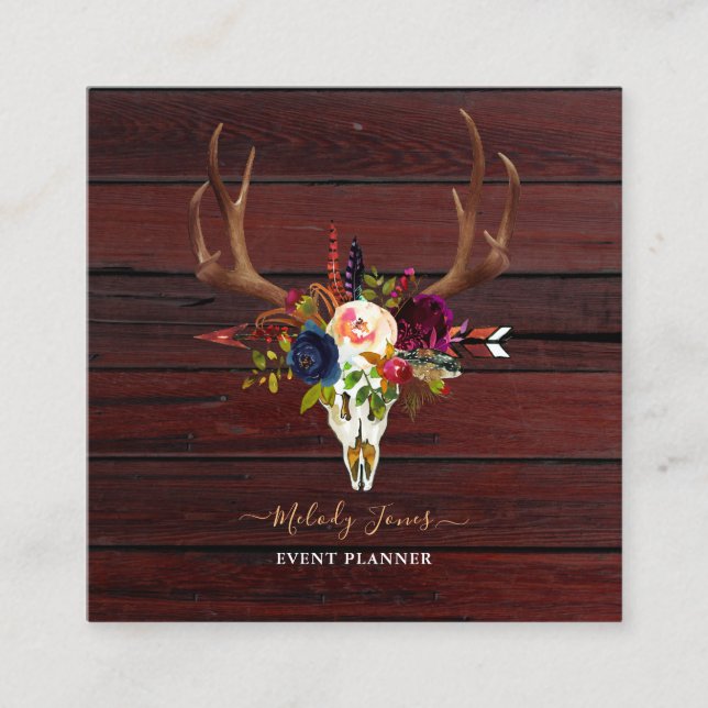 RUSTISKA VATTENFLOMOR, BOHO SKULL+ARROW FYRKANTIGT VISITKORT (Framsida)