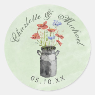 Rustiska vilda blommor i mjölk bucket bröllop klas runt klistermärke