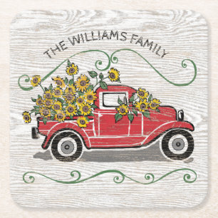 Rustiska Vintagen Red Lastbil Sunblommor Monogram Underlägg Papper Kvadrat