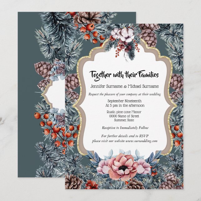 Rustiska vinterkajsädesbergen gräs cone helgdag inbjudningar (Fram/baksida)