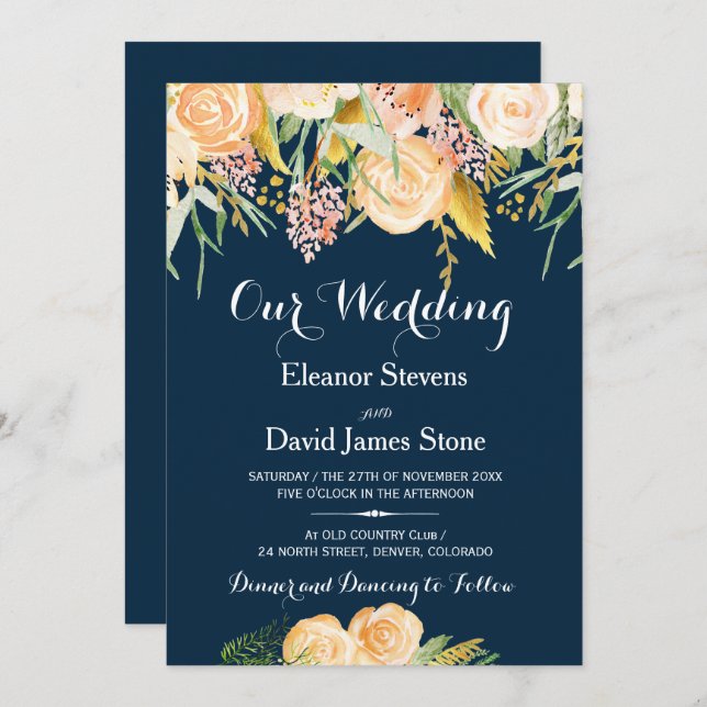 Rustiska vintermarinens blå persikor blommigt bröl inbjudningar (Fram/baksida)