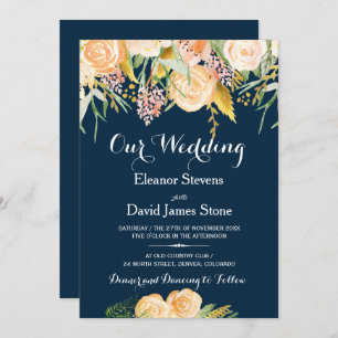 Rustiska vintermarinens blå persikor blommigt bröl inbjudningar