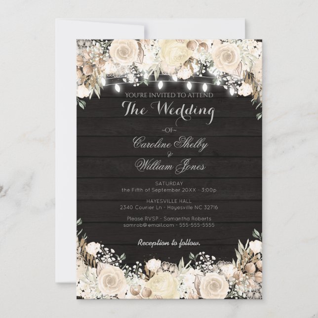 Rustiska vita blommor och inbjudan till träbröllop (Framsida)
