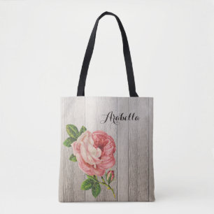 Rustiskt avvanda träets Vintage Rosa ros med Namn Tygkasse