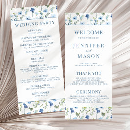 Rustiskt bröllopsprogram för vattenfärgsblå blommi