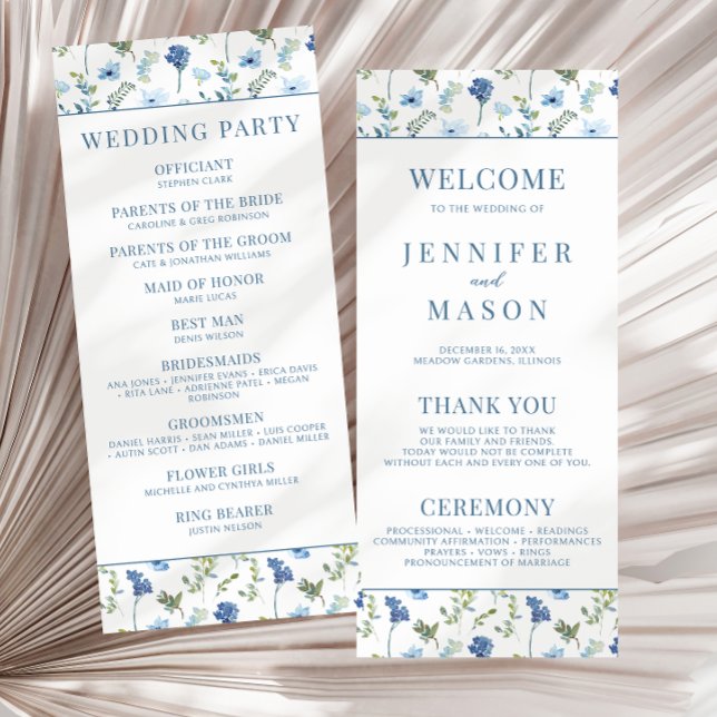 Rustiskt bröllopsprogram för vattenfärgsblå blommi (Skapare uppladdad)