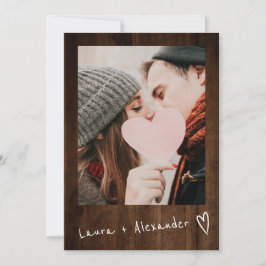 Rustiskt brun träskript Hjärta 2 foton bröllop Inbjudningar