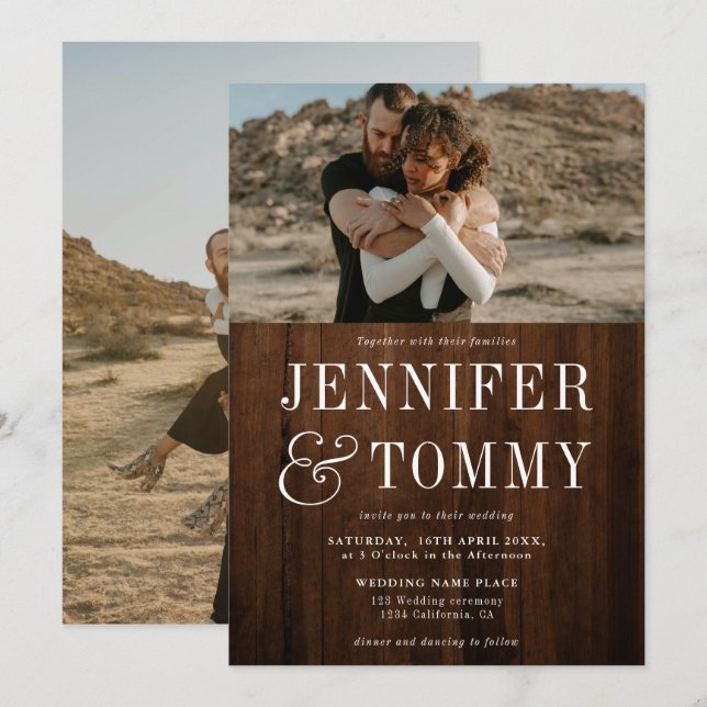 Rustiskt brunt träfall, fet fallfoto bröllop inbjudningar (Fram/baksida)